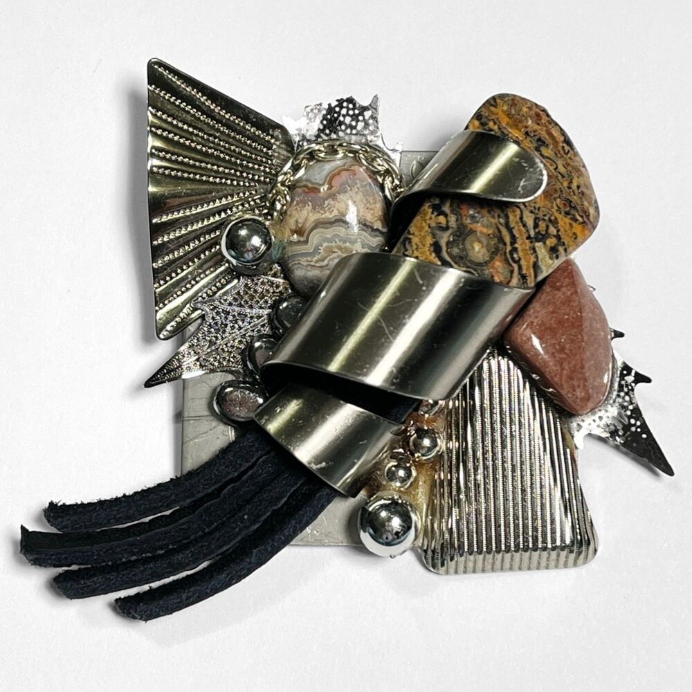 VTG Nancy Runyon Yost Brooch Pin Silver Tone Abstract Oversized Unique Art FLAWS